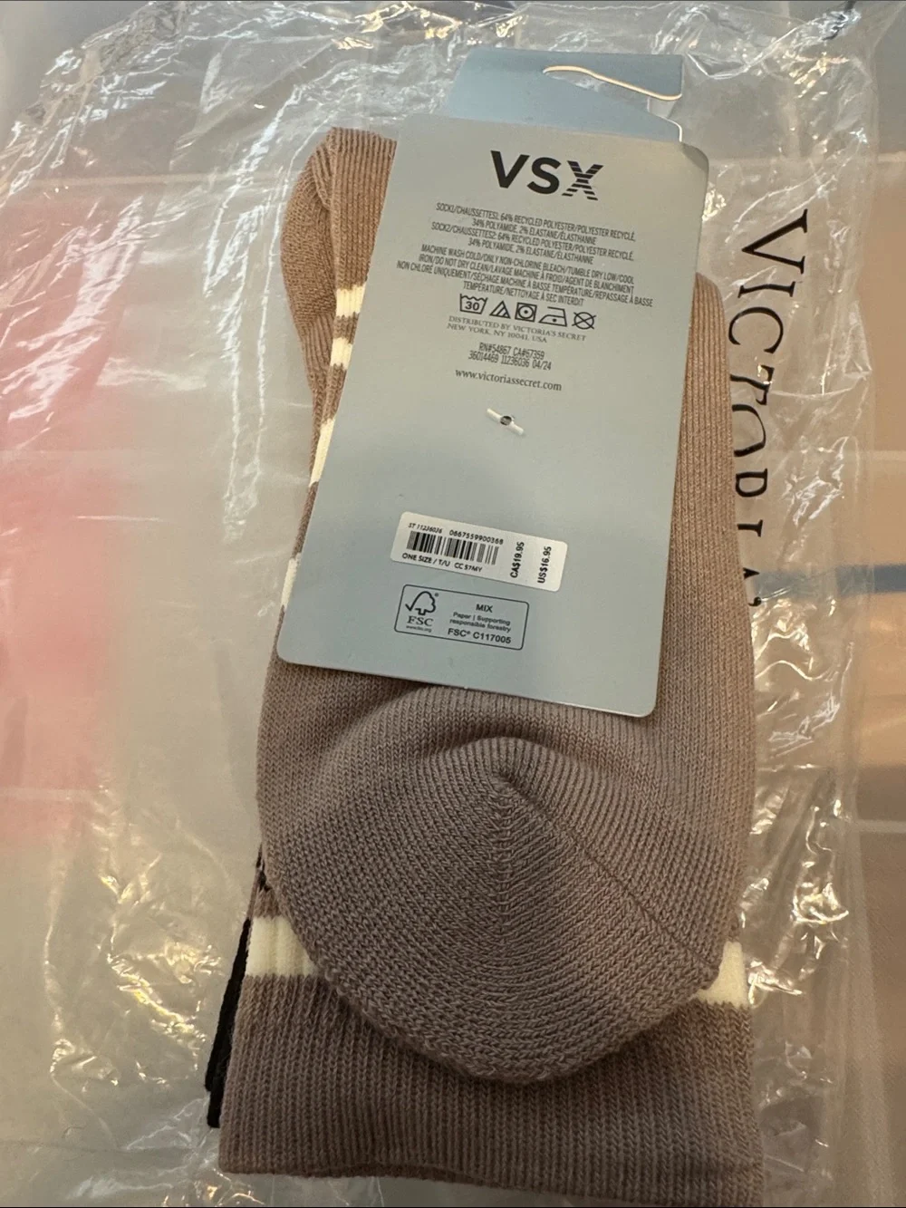 VSX 2-Pack Crew Mid-Calf Active Socks Black Taupe Tan White Contrast Stripe O/S